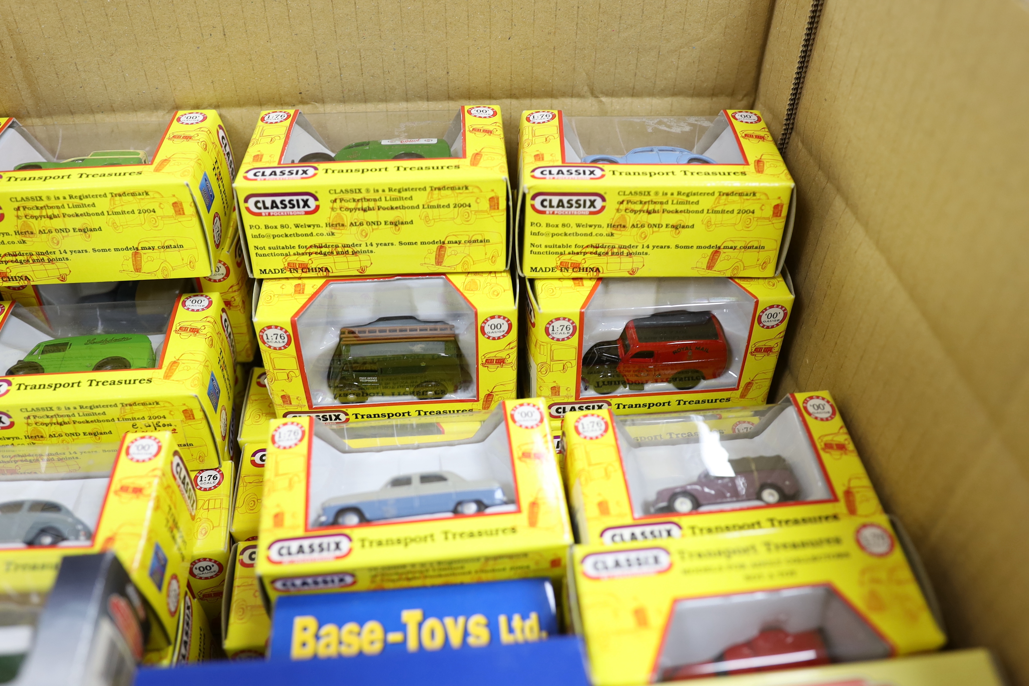 Two boxes of diecast vehicles including 48 boxed 00 gauge 1:76 scale vehicles by Classix, Corgi Trackside and Base Toys including 1960s-80s cars and light commercial vehicles